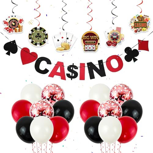 32 Stücke Casino Party Dekorationen - Schwarz Rot Weiß Luftballons Poker Geburtstag Deko Casino Banner Casino-Rad Casino-Schnur-Dekorationen für Männer Frauen Casino-Thema Spiel Nacht Partydeko