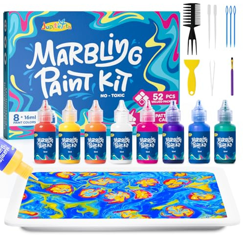 JUPITEARTH Kit de 52 pièces de peinture à marbrure à l'eau, arts et loisirs créatifs pour filles et garçons, fournitures artistiques pour enfants âgés de 3 à 5 ans, 4 à 8 ans, 8 à 12 ans, peinture