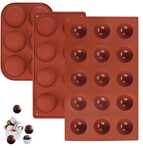 Jinsion 3 Pcs Half Round Chocolate Moulds, 6/8/15 Cavity Semi Sphere Silicone Moulds, Non Stick Brown Semi-Circular Chocolate Moulds for Making Chocolate, Jelly, Dome Mousse Cake, Pudding