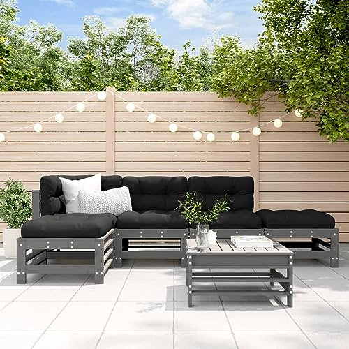 KATERYY 6-TLG. Garten-Lounge-Set mit Kissen Grau Massivholz,Garten LoungeSet aus massivem Kiefernholz mit bequemen Polstern für Garten und Terrasse