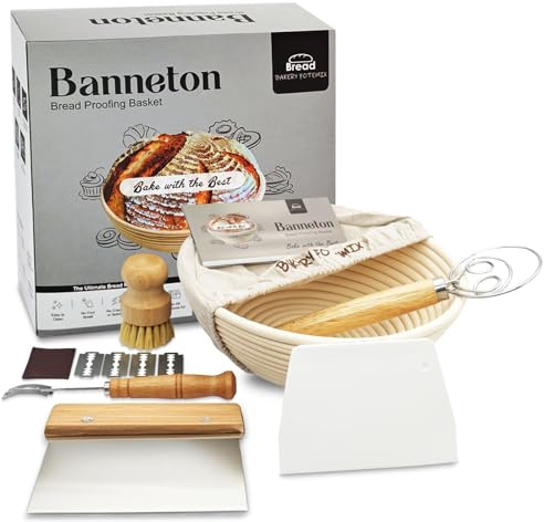 Sourdough Proving Basket Kit, Natural Rattan Sourdough Starter Kit with Bread Lame, Dough Scraper, Cloth Liner, Dough Whisk, Banneton Proofing Basket for Bakers 25cm