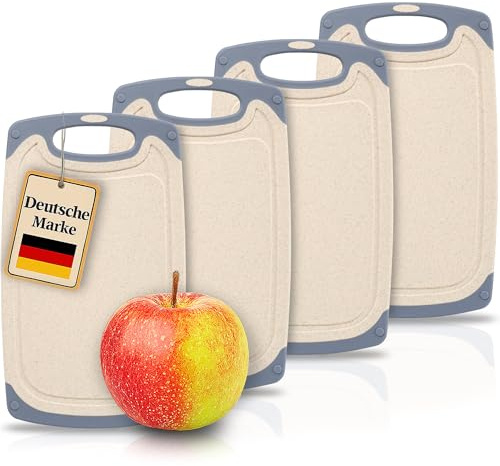 KPYTO Frühstücksbrettchen 4-er Set, 24x14 cm, spülmaschinenfest beidseitig rutschfest mit Saftrille und Griff Schneidebrett Kunststoff klein creme-grau