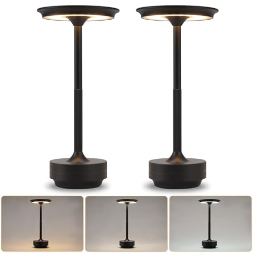 Tischlampe Kabellos Nachttischlampe Akku - 2er Set LED Tischleuchte Dimmbar | Touch Lampe mit USB Aufladbar Schwarz Batterie Tischlampen für Modern Fensterbank Wohnzimmer Schlafzimmer