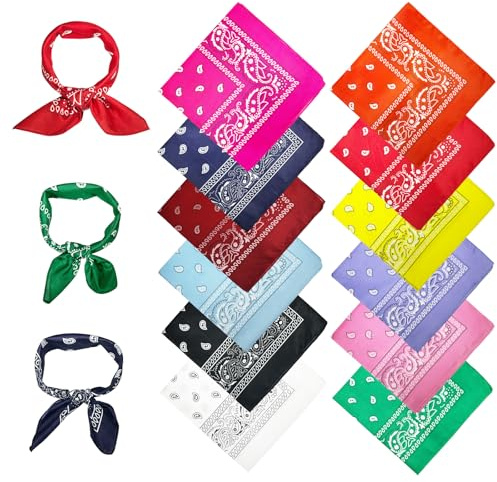 Bliceon 12 Pack Colourful Paisley Bandanas, Unisex Headbands, Nylon Bandana Straps, Hoods, Skull Caps, Face Coverings, Square Cowboy Bandanas, Outdoor Accessories, 21x21in