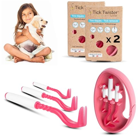 Tick Twister Tire Tique pour Chien, Chat et Humain (Lot de 2 Sets de 3) - Retrait Facile, Rapide et sans Douleur – Pince à Tique avec Boîte de Rangement, Idéal en Voyage et à la Maison (Rose, 2 Sets)