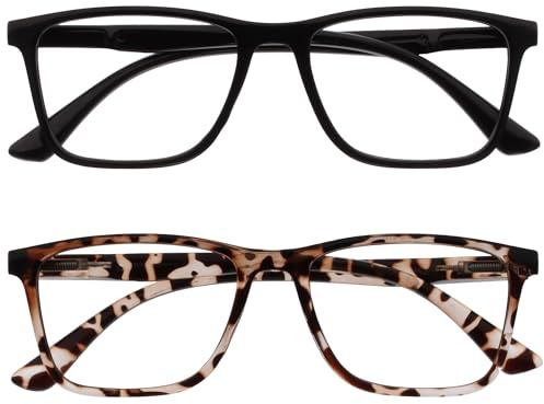 OPULIZE NYX Reading Glasses with Blue Light Blocking for Women Men, Rectangular Frame with UV & Eyestrain Protection, Anti-Glare Computer Gaming Glasses, Black, Brown +2.0 (Pack of 2)