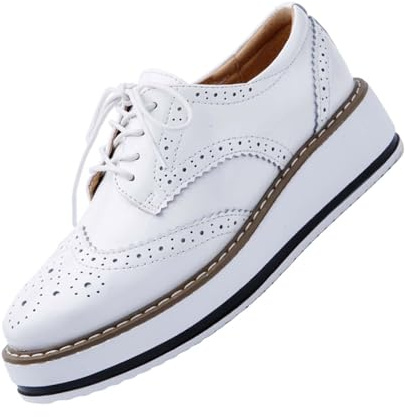 Chaussures Oxford à plateforme pour femme, classiques, en cuir épais avec bouts ailés, baskets à lacets avec talon compensé, chaussures de ville brillantes, respirantes et confortables, blanc, 38 EU