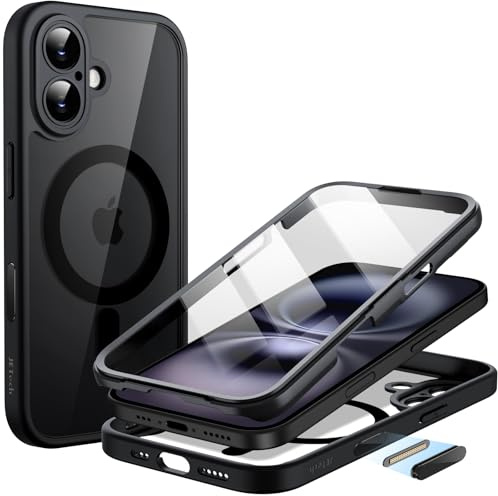 JETech Skal för iPhone 16, 360° Skydd, Svart | Kompatibel med MagSafe, Inbyggt Skärmskydd av Härdat Glas, Kamerakontrollknapp