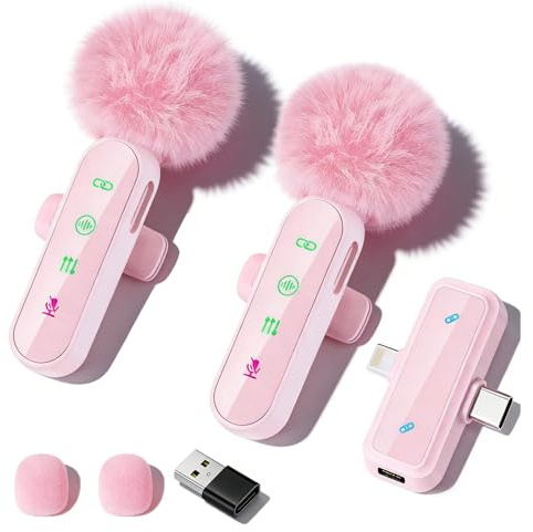 Bayanbulu Wireless Mini Lavalier Microphone for iPhone/Android, 2 Pack | 2 in 1 Lapel Pink Mic for Video Recording - Clip on Mics with Noise Reduction for Video YouTube TikTok Podcast Vlogging