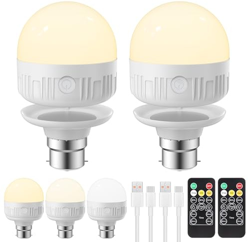 LGMCF B22 Rechargeable Light Bulb, 8W, 3 Colors, Timer, Dimmable, 4 Pack | Remote Control, Magnetic Base, Battery Powered, Portable, LED Light Bulb, Detachable Charger for Non-Hardwired Lamps