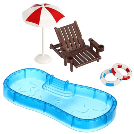 Angoily Miniature Dollhouse Pool Set, Doll House Swimming Pool with Swim Ring and Beach Chair, Assorted Colors, Plastic, 7.87 x 3.54 x 0.78 Inches, 1 Set