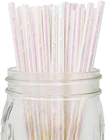 Brillante Iridiscente Blanco Pajitas de Papel, 100 Unidades Pajitas Pastel de Pop para Clinquant Pajita de Cóctel para Fiesta de Cumpleaños, Bodas e iridiscentes