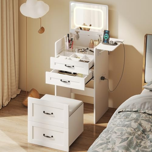 YOSHOOT Dressing Table with Flip-top Mirror LED Lights Socket Strip, Makeup Table for Small Spaces, Small Vanity Desk Set with Fold-up Panel, Cushioned Storage Stool for Bedroom, 50*40*90cm (White)