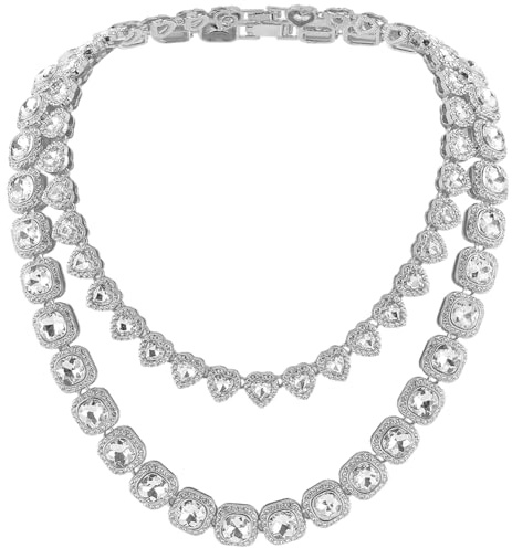 SOFPLATE 1 Scatola da 2 Pezzi 2 Stili Collana da Tennis con Zirconi Cubici Catena Quadrata con Diam Cuore in Argento Lucido Strass in Vetro Trasparente Lega A Strati Collana Ghiacciata per Feste Ball
