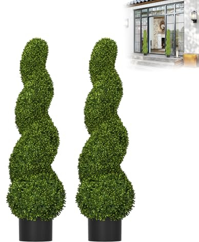 AufuN Künstlicher Buchsbaum Turm Formschnitt Spirale Kunstpflanze, 2 Stück Plastik Künstliche Pflanzen im Topf, UV-beständig Kunstbaum für Wohnzimmer Schlafzimmer Büro Garten (90cm)