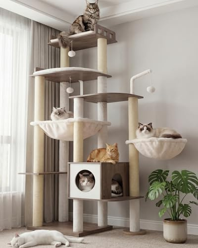 Heybly Árbol rascador para Gatos en Madera, 179 cm de Altura, con Plataforma Grande, Postes Rascadores de Sisal, Casita para Gatos y Hamaca, Montaje Sencillo, Gris Vintage HCT121SG