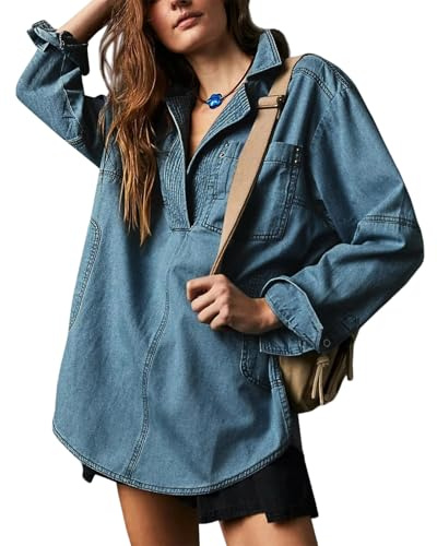 Dam denim pullover ledig knapp v-ringad blus, lös passform långärmad jeansblus med ficka, Mörkblått, M