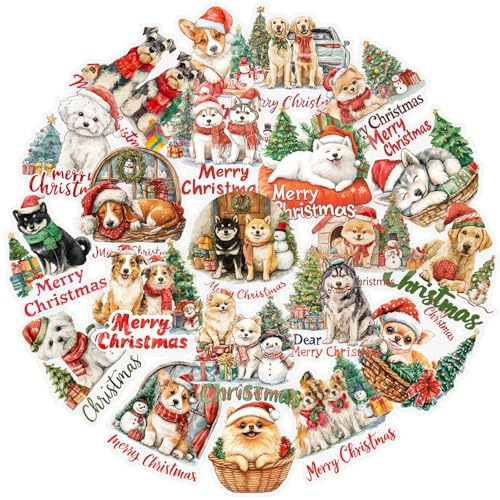 Canollo 56 Stück Vintage Weihnachten Aufkleber, Hund Sticker Weihnachten, Transparente Scrapbooking Aufkleber, Weihnachtsaufkleber zum Gestalten von Weihnachtskarten, Scrapbook, Laptop, Kalender
