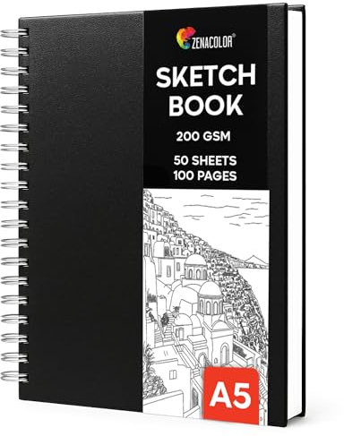 Zenacolor Sketchbook A5, Cuaderno de Dibujo 50 hojas/100 páginas, 200 g/m² de papel muy grueso - Bloc de Dibujo con Tapa Dura y espiral para Niños, Profesionales, Dibujar y Hacer Bocetos
