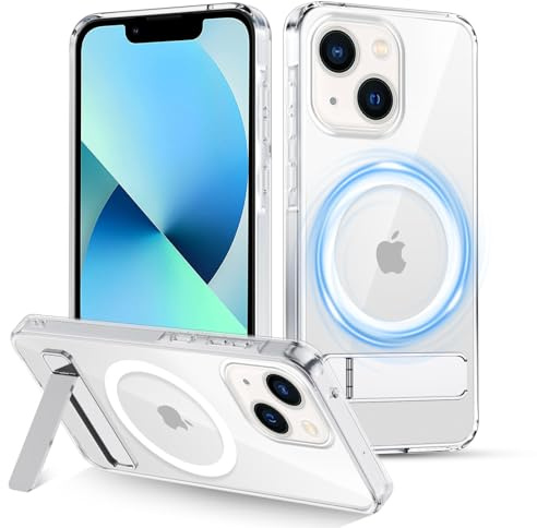 XTCASE Cover Magnetica per iPhone 13 [Compatibile con Magsafe], Custodia Trasparente con Supporto Regolabile Invisibile Protezione Antiurto Antigraffio Anti-ingiallimento, Chiaro