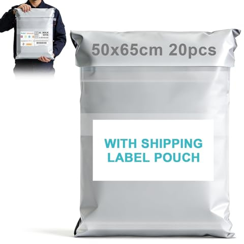 XRXYMQ 50x65 cm Versandtaschen mit Tasche für Versandetikett 20 Stück | Versandtüten Undurchsichtig, Versandbeutel Warensendung, Versandtasche Reißfest, Shipping Bags, Onlinehandel, Retourenversand