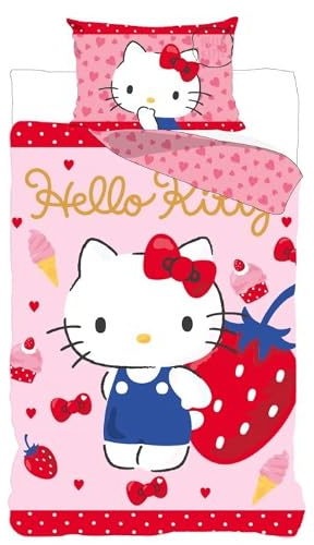 BrandMac Hello Kitty Strawberry - Set di biancheria da letto double-face, 2 pezzi, copripiumino 135 x 200 cm, federa 80 x 80 cm, 100% cotone per bambine