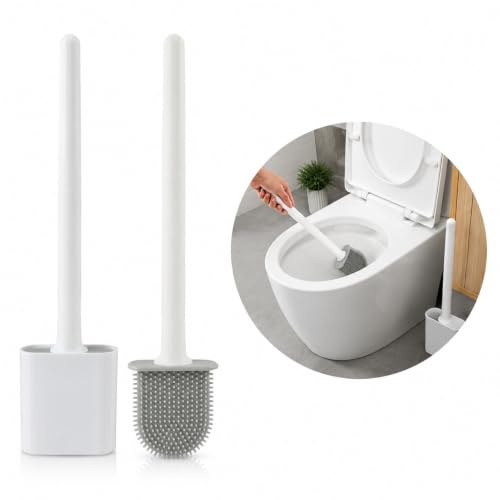 2PCS Brosses Toilettes WC für Die Wandmontage Klobürste Silikon, Brosse WC à Tête Plate et Flexible, Toilettenbürste Silicone à Séchage Rapide pour Salle de Bain, Brosse Toilette Blanche Compacte