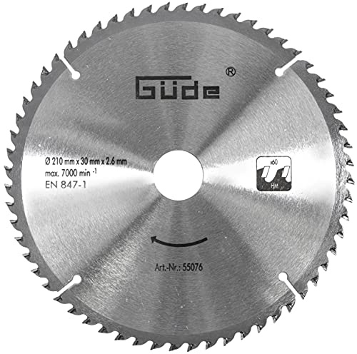 Güde 55076 Holzsägeblatt HM 210x30x60Z (aus Hartmetall, 21 cm Durchmesser, 3 cm Sägeblattbohrung, 60 Zähne, 2,9 mm Sägeblattstärke, für max. Schnitte mit bis zu 7000 1/min)