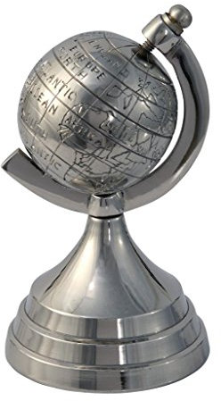 HOMESCAPES Deko Globus Metall Weltkugel poliert Tischglobus silber Schreibtisch Deko