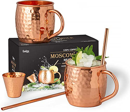 Gadgy Conjunto de Vasos Moscow Mule - Set de Tazas de Cóctel Con 2 Vasos de Cobre, 2 Pajitas y un Jigger - 100% Cobre y Hecho a Mano - Regalo para Fiestas