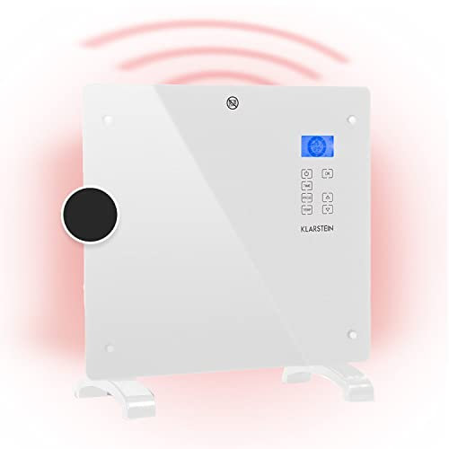 Klarstein Norderney - Calefactor-convector, 2 niveles, Protección IP24, Termostato, Sensor temperatura, Detector heladas, Suelo/Pared, Panel cristal, Pantalla LCD, Control táctil, 1.000 W, Blanco