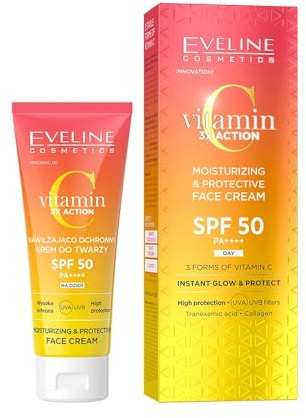 Eveline Cosmetics Vitamin C 3x Action Feuchtigkeitsspendende Schutz-Gesichtscreme SPF 50 mit UVA/UVB-Schutz, Anti-Aging- und Aufhellungskomplex