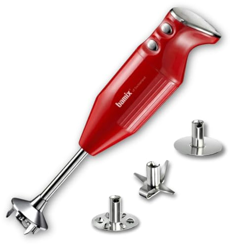 bamix Stabmixer Set M250 PRIME inkl. Multifunktionsmesser, Quirl, Schlagscheibe aus Edelstahl, 250 Watt, 2-Stufen, Made in Switzerland, Rot/Chrom