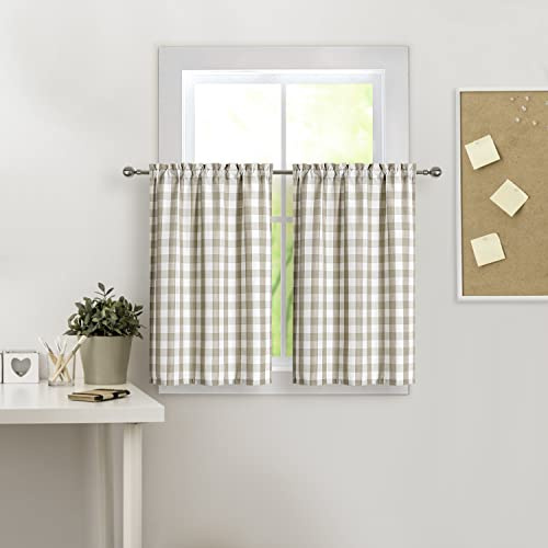 Amzdecor Linen Buffalo Check Tier Curtains for Kitchen, Thick Yarn Dyed Buffalo Plaid Gingham Rod Pocket Cafe Bathroom Curtain, Short Kitchen Window Curtain Sets, 28 W x 36 L, Linen/White, Set of 2