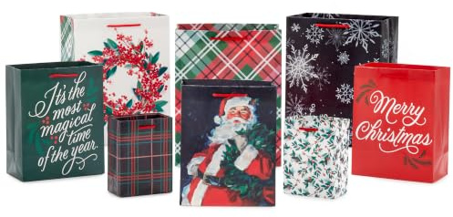 Hallmark Weihnachtsgeschenktüten-Set (8 Taschen: 2 kleine 12,7 cm, 3 mittelgroße 20,3 cm, 3 große 27,9 cm), klassischer Weihnachtsmann, schwarz und rot kariert, Schneeflocken, Stechpalme