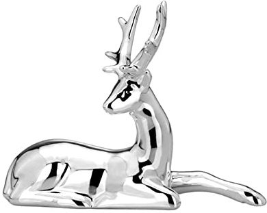 H.Bauer jun. Kleine liegende Porzellan Deko Rentier Figur - silbern glänzende Hirsch Weihnachts-Deko zum Hinstellen Höhe 16 cm