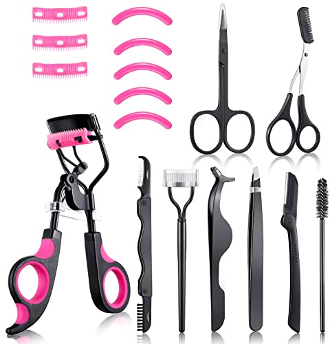 17 Pcs Eyelash Curlers Kit Lash Curler Eyelash Comb Seperator Extension Tweezers Eyebrow Brush Scissors False Eyelashes Applicator Eyebrow Trimmer Silicone Refills Pads for Women(Purple)