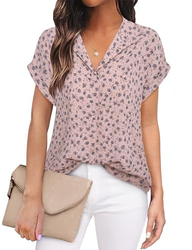 Timeson Blusas de gasa de manga corta para mujer para oficina, trabajo, ropa de negocios, camisas con cuello, Multi-rosa, XXL