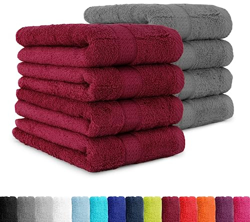 BaSaTex Frottee Handtuch, 8er Pack, 50x100 cm, Anthrazit Bordeaux | 100% Baumwolle, Öko-Tex Made in Green, Aufhängeschlaufe, 500gm², langlebig & saugstark