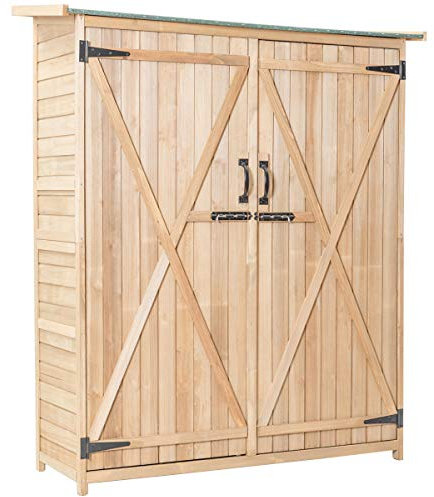 KOMFOTTEU Casetta da Giardino in Legno, 140 x 50 x 162 cm, Capanno per Attrezzi per Esterno con 2 Ripiani e 1 Armadio, Resistente alle Intemperie con Ante Bloccabili, Capanno da Giardino