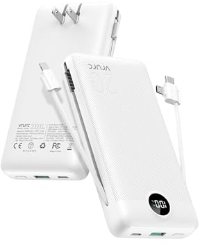 VRURC Power Bank 20000mAh, Fast Charging Portable Charger USB C,4 Output 2 Input Travel Essentials Charging Bank Equipped with LED Display,Built-in Wall Plug and Cables,Phone Charger Battery,White