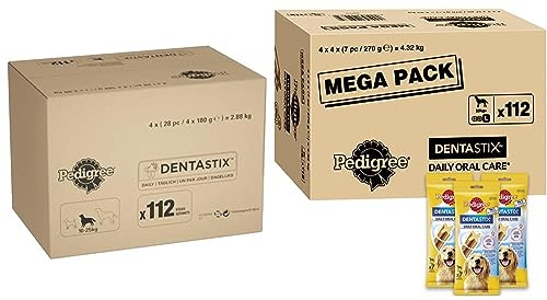 Pedigree DentaStix 112 Sticks Functional Snacks, Daily Dental Chews for Medium Dogs (10-25 kg) & DentaStix 112 Sticks Functional Snacks, Daily Dental Chews for Large Dogs (25 kg+), Megapack