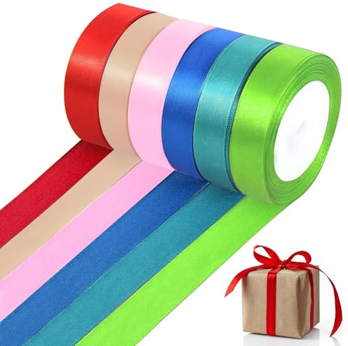 Yoirzit 6 Rollen Satinband, 25 mm x 22 m Geschenkband Breit, Polyester Satinband, Schleifenband für Geschenkverpackungen, DIY-Basteleien,Weihnachten, Geburtstag, Hochzeit
