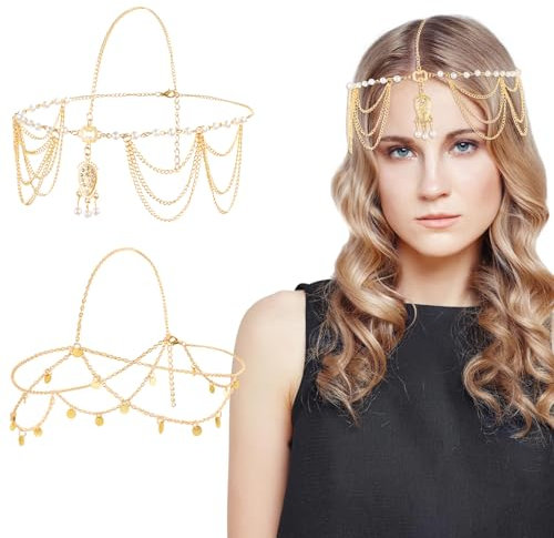 MELLIEX 2 Stück Kopfkette Gold Boho Quaste Kopfschmuck Perlen Pailletten Haarkette für Frauen und Mädchen