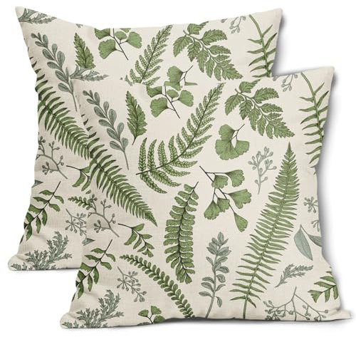Sage Green Leaf Plant Pillow Covers 18X18 Inch Set of 2 Tropical Fern Herbs Botanical Leaves Floral Decorative Pillow Cases Vintage Cushion Case Farmhouse Home Decor For Couch Sofa Porch Outdoor