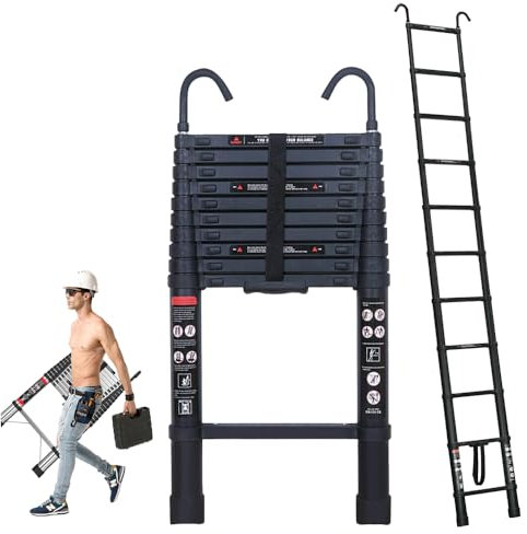 Échelle Télescopique, Échelle Extensible Escabeau Telescopique 3,2M, en Aluminium - Antidérapante - Multi-Usage - avec Crochet Amovible, Charge maximale : 150 kg, Noir
