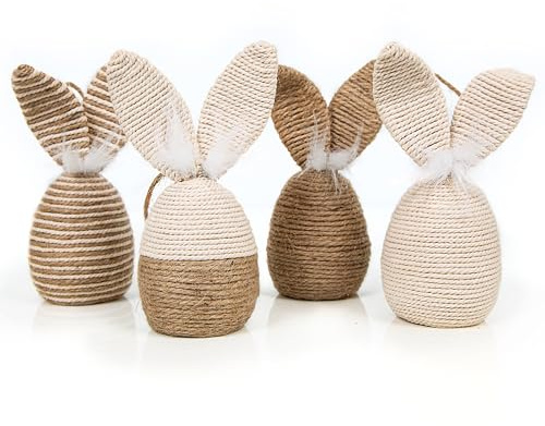 Logbuch-Verlag 4 påskhare dekorationsfigurer, makramé, jute, hare, 17 x 8 cm, påskägg med kaninöron, påskdekoration, naturbrun