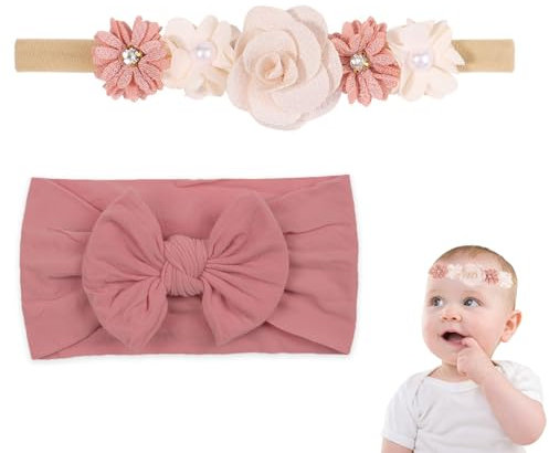 DHWEKU 2 Stück Stirnbänder Baby Mädchen,Baby Stirnband,Baby Haarband,Haarbänder Baby Stirnband,Baby Elastisch Schleifen Turban Haarband,Turban Für Babys Fotozubehör,Bögen Kinder Haarschmuck