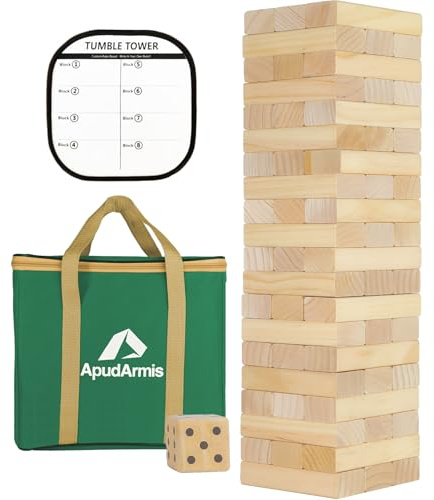 ApudArmis Giant Tumble Tower Stack to Over 5.2Ft, 60 PCS Pine Wooden Stacking Timber Tower,Classic Block Giant Outdoor Indoor Game for Adults, Fun Game at Backyard, Lawn, Party with Family & Friends