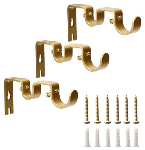 Shonmogar Juego de 3 soportes de cortina de doble metal para pared, resistente doble barra de cortina para dormitorio, sala de estar, oro